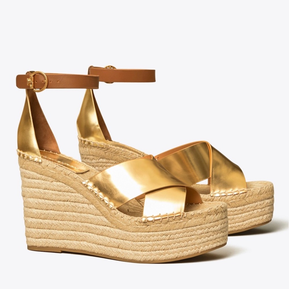Tory Burch Matte Metallic Gold Selby Wedge Platform Espadrille Sandals